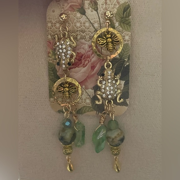 ‘Leapfrog’ Gold Green Phoenix Stone Frog Earrings - Picture 3 of 5